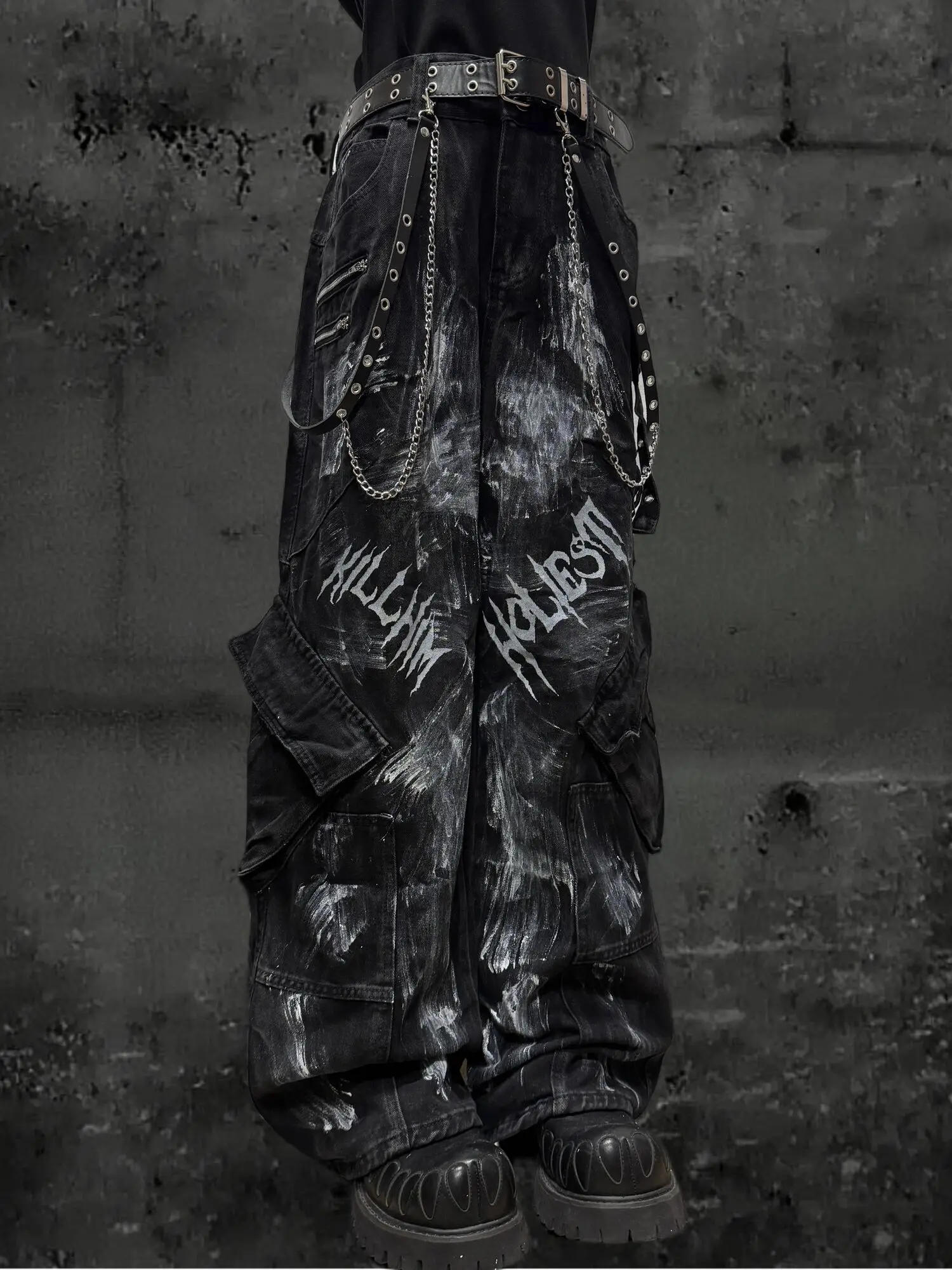 

Gothic Punk Jeans For Uniesx 2025 Autumn Man Women Street Hip Hop Jeans Washed Wrinkled Flared Wide Leg Loose Pants