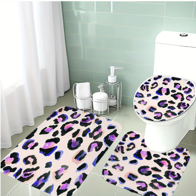 3pcs Luxury Leopard Print Bath Mat Set Pink Purple Soft Plush Non-Slip Rug Toilet Lid Cover U-Shaped Mat Modern Bathroom Decor