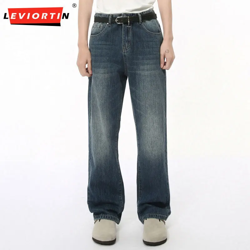 LEVIORTIN Korean Style Men's Denim Pants Vintage Washed Solid Color Jeans Straight Wide Leg Loose Male Bottom Simple Menwear