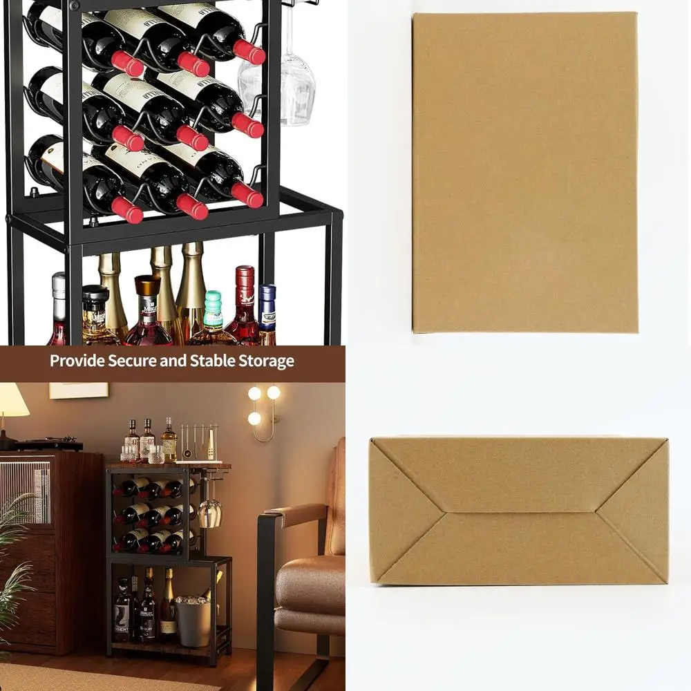 

3-Tier Floor Wine Rack with Glass Holder - Versatile Home Bar Stand for Whiskey, Wine Display in Black & Brown