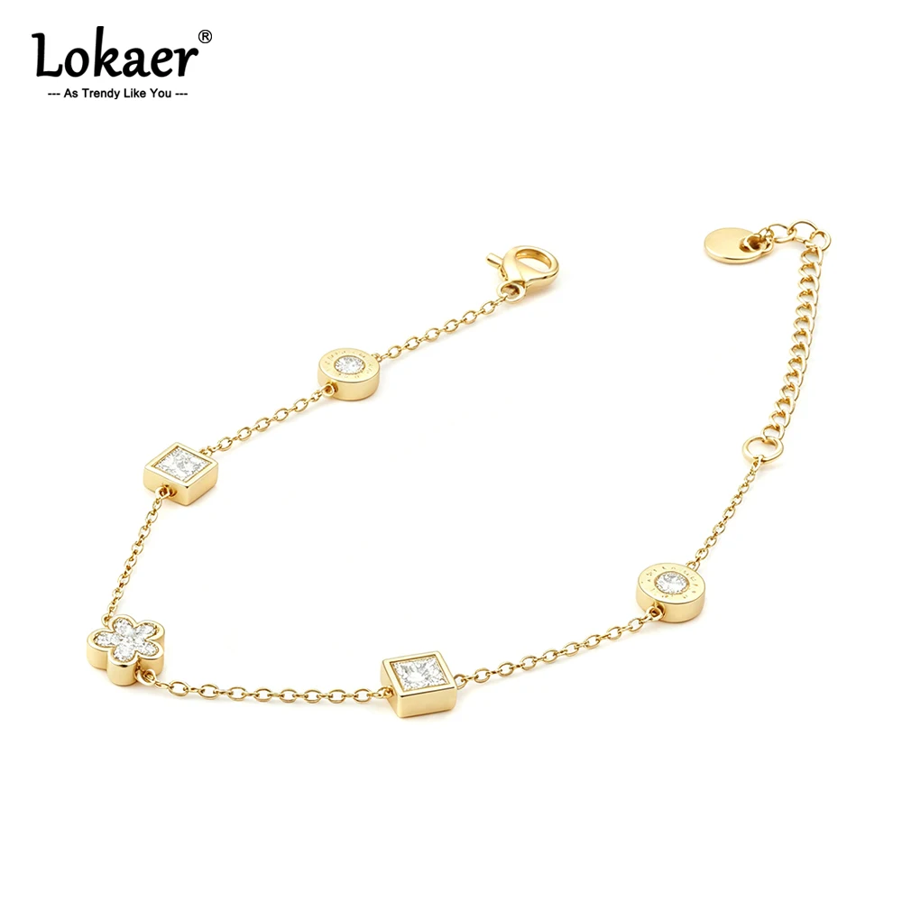 Lokaer 316L Edelstahl-Armband mit kubischem Zirkonia, Blumen- und quadratischem Charme, für Damen, modisch, wasserdicht, Handgelenkkette, Schmuck B26024