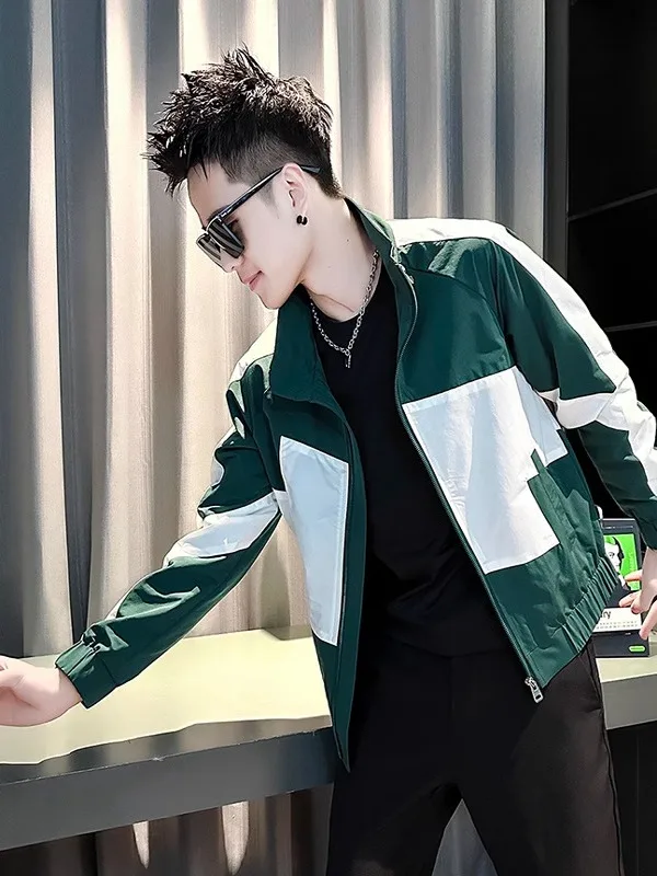 جاكيت رجالي كاجوال بياقة عالية، تصميم عصري بألوان متباينة، ملابس خارجية أنيقة للربيع، إصدار جديد من نسيج البوليستر