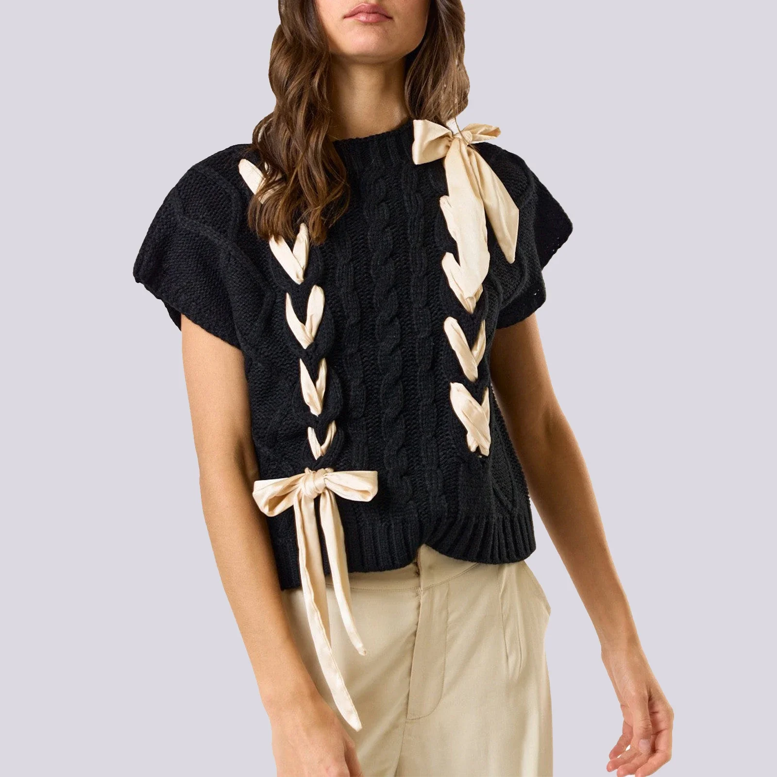 

Combhasaki Women Y2K Kawaii Knitwear Tops Crew Neck Short Sleeve Contrast Color Ribbon Drawstring Tie-up Sweater Vest Streetwear