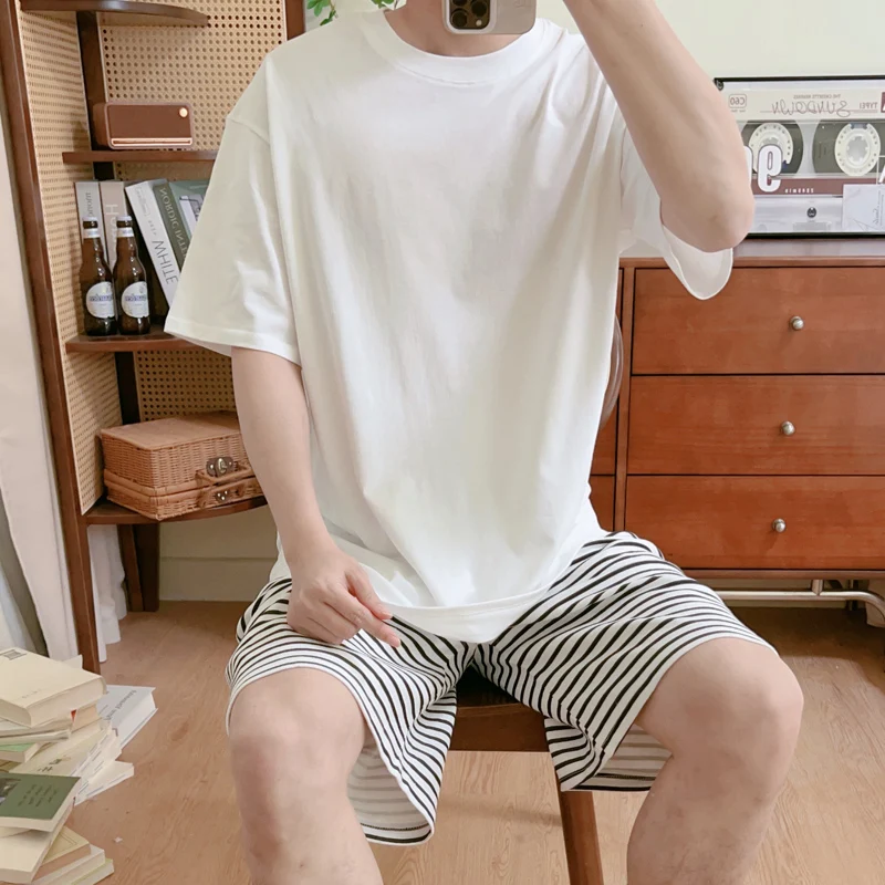 

DAIMELU men's summer pajamas pure cotton plus size sleepwear loose can be worn outside striped neutral lazy style loungewear set