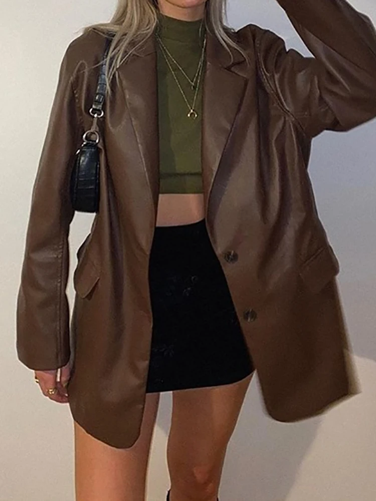 New Leather Style Lady Solid PU Long Jackets Casual Women Streetwear Vintage Coat Loose Long Sleeve Outerwear With Pockets