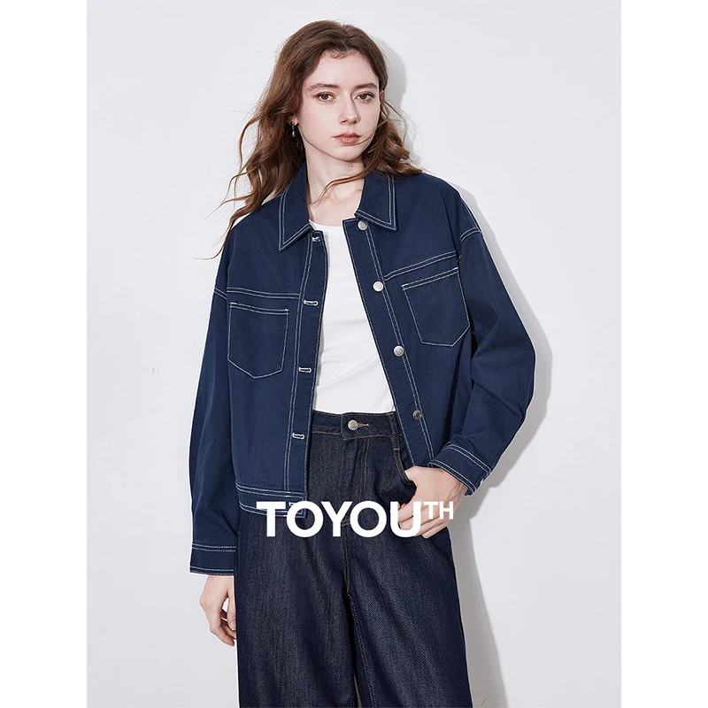 TOYOUTH Female Denim Jacket 2025 Spring New Boyfriend Style Turn Down Collar Single Breasted Button Cardigan Jacket