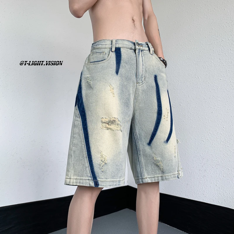 

American Sle Men's ort Jeans Summer Thin Hole Five-Point Loose Straight Casual Pants Trendy Loose Fit Summer Jeans