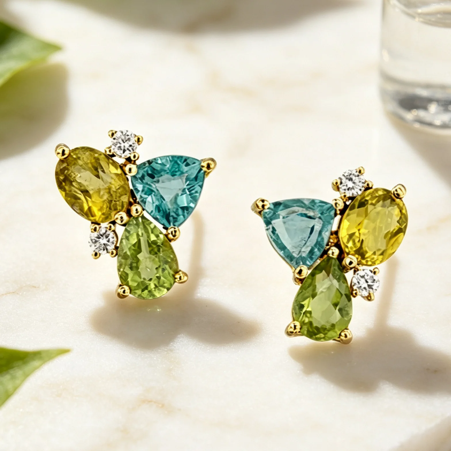 Retro Contrasting Yellow-Green-Light Blue Multi-Texture Stone Gemstone Earrings 925 Silver Unique Earring Women's Party Gifts