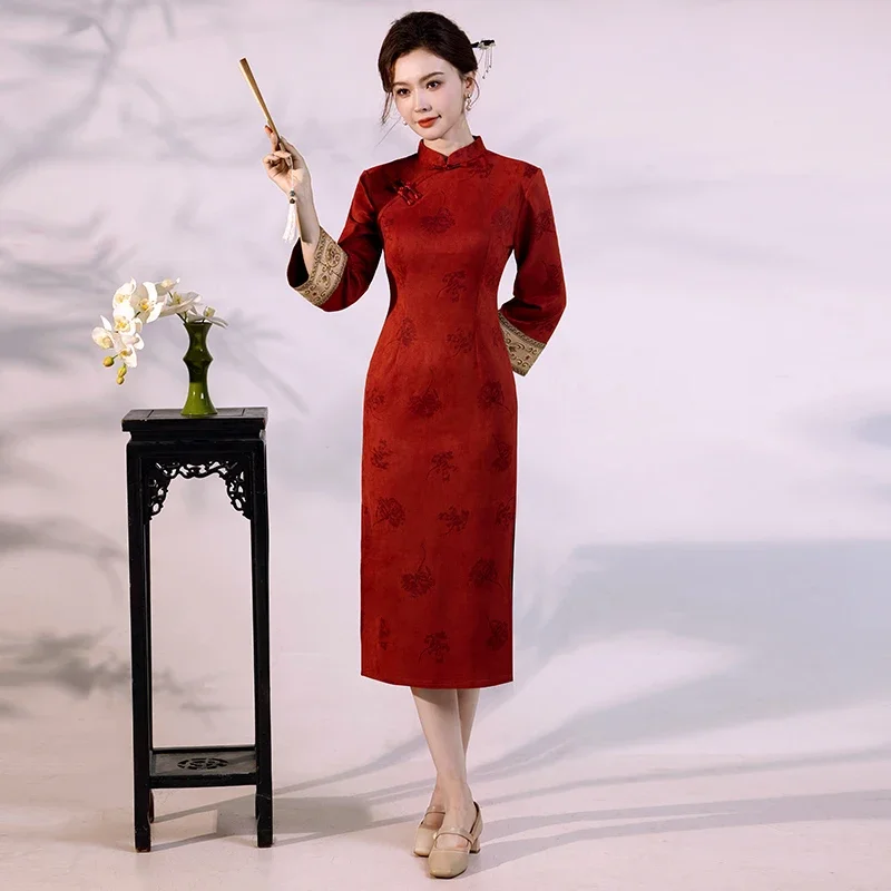 

Modern Oriental Dress Luxury Suede Velvet Qipao with Flared Sleeves Fashion Vintage Style Evening Wear asian dress