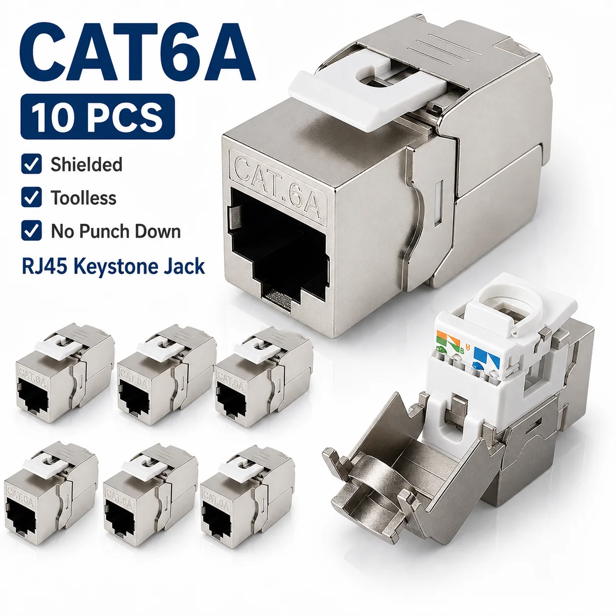 10PCS CAT6A Shielded RJ45 Keystone Jack Toolless No Punch Down 10Gbps Ethernet Network Module for Wall Plate Patch Panel Outlet