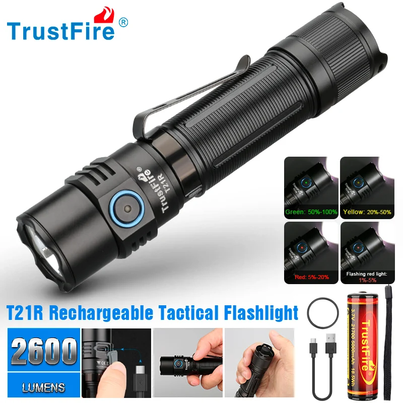 Trustfire T21R Tactical Flashlight 2600Lumen Type C Powerful 21700 Battery High Power Rechargeable Torch Lamp with USB Charging