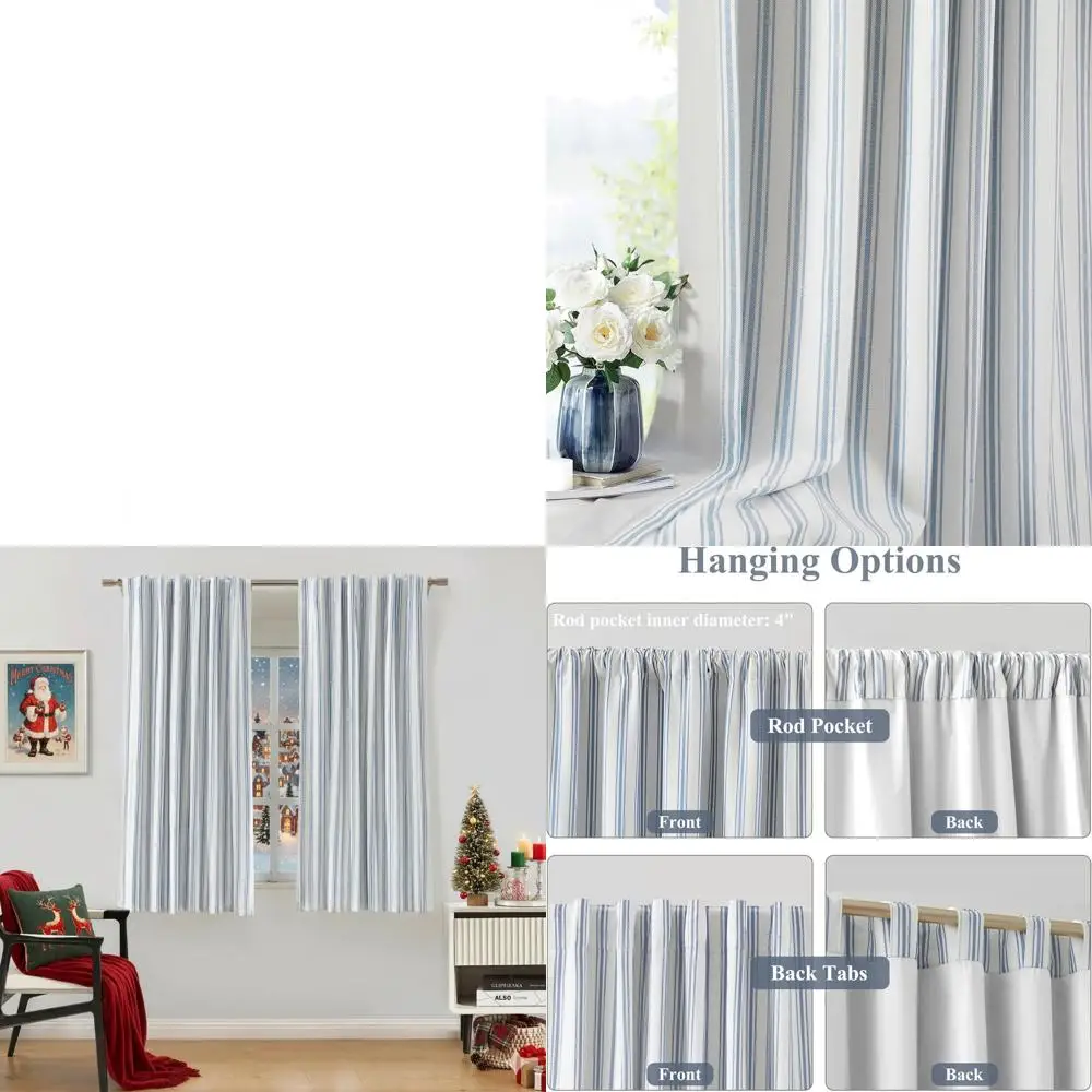 

63 Full Blackout Blue Striped Cotton Blend Curtains, 55W x 63L, Room Darkening for Bedrooms, Rod Pocket