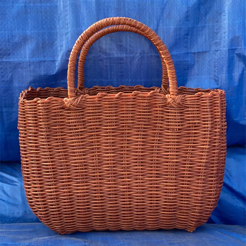 Rattan-Kunststoff, gewebt, zum Einkaufen, rotes Bad, tragbarer Aufbewahrungskorb, Picknick