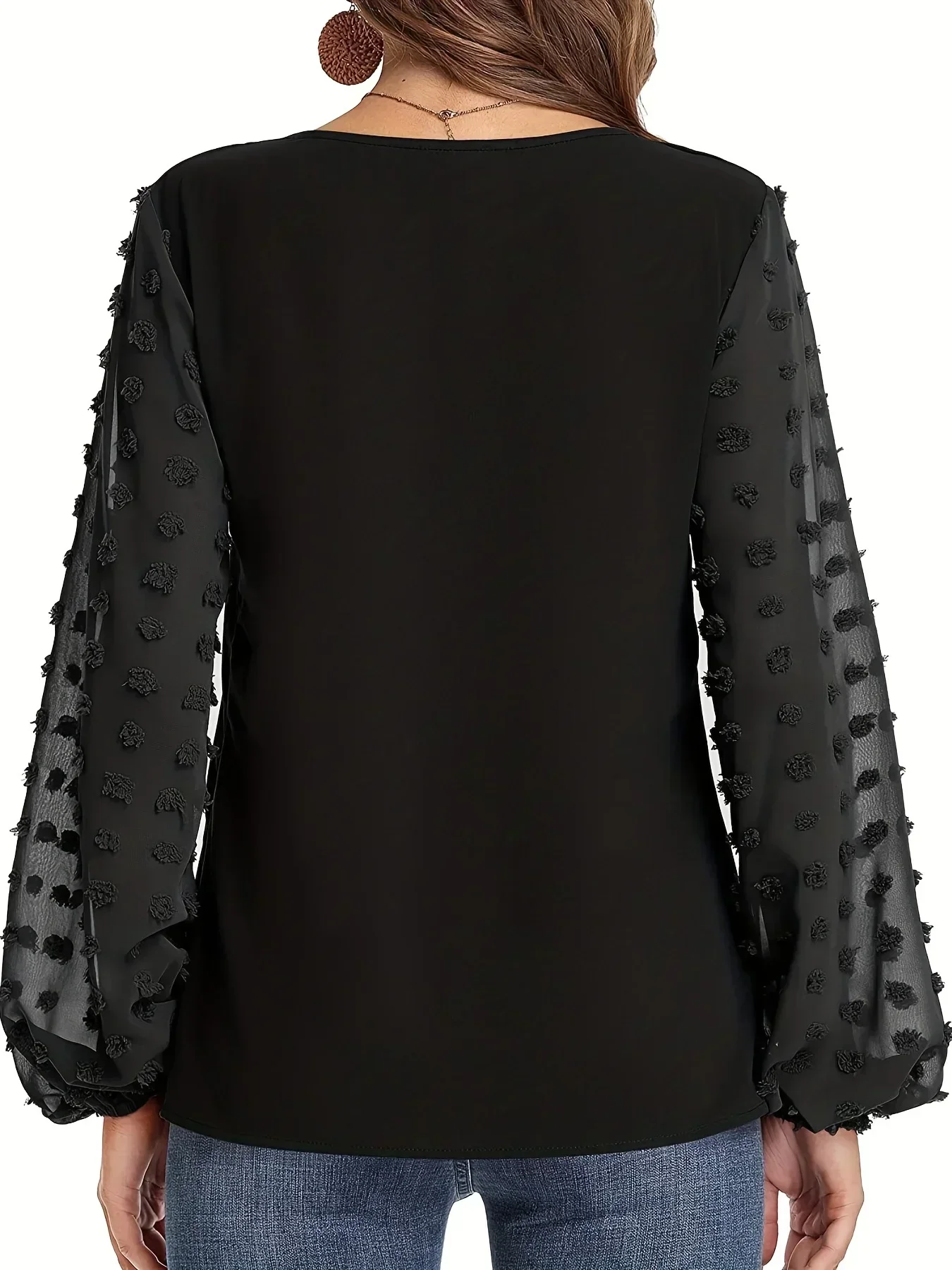 ผู้หญิง PLUS ขนาด 1XL-5XL Swiss Dot แขนเสื้อสุภาพสตรี V คอเสื้อสําหรับฤดูใบไม้ผลิและฤดูใบไม้ร่วงผู้หญิงเสื้อผ้าแฟชั่น