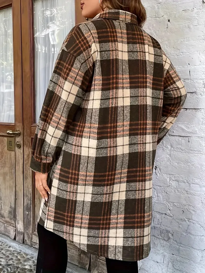 GIBSIE Plus Size Autumn New Lapel Collar Plaid Long Shirt Women 2024 Casual Long Sleeve Single Breasted Oversize Tops Shirts