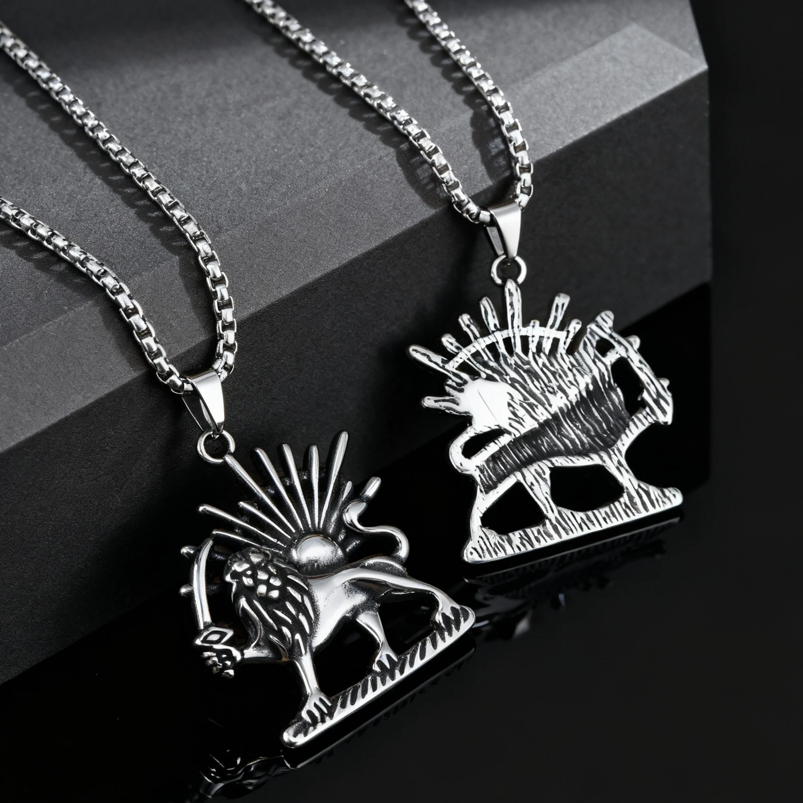 Persischer Löwe und Sonne Anhänger Halskette für Männer, Edelstahl Persien Shamshir Löwen-Halskette, Iranischer Modeschmuck Geschenke – Detail 5