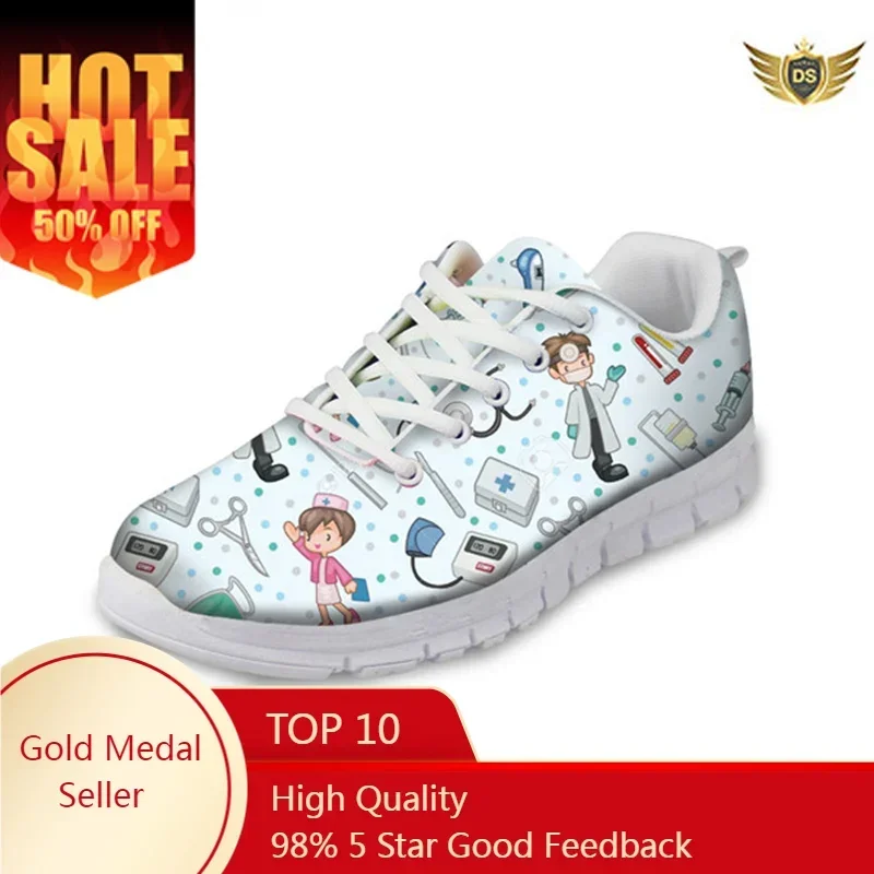 Women's Nursing Shoes Lady Cartoon Nurse Heart Beat Design Mesh Running Sneakers Breathable Female Soft Walking Zapatos De Mujer