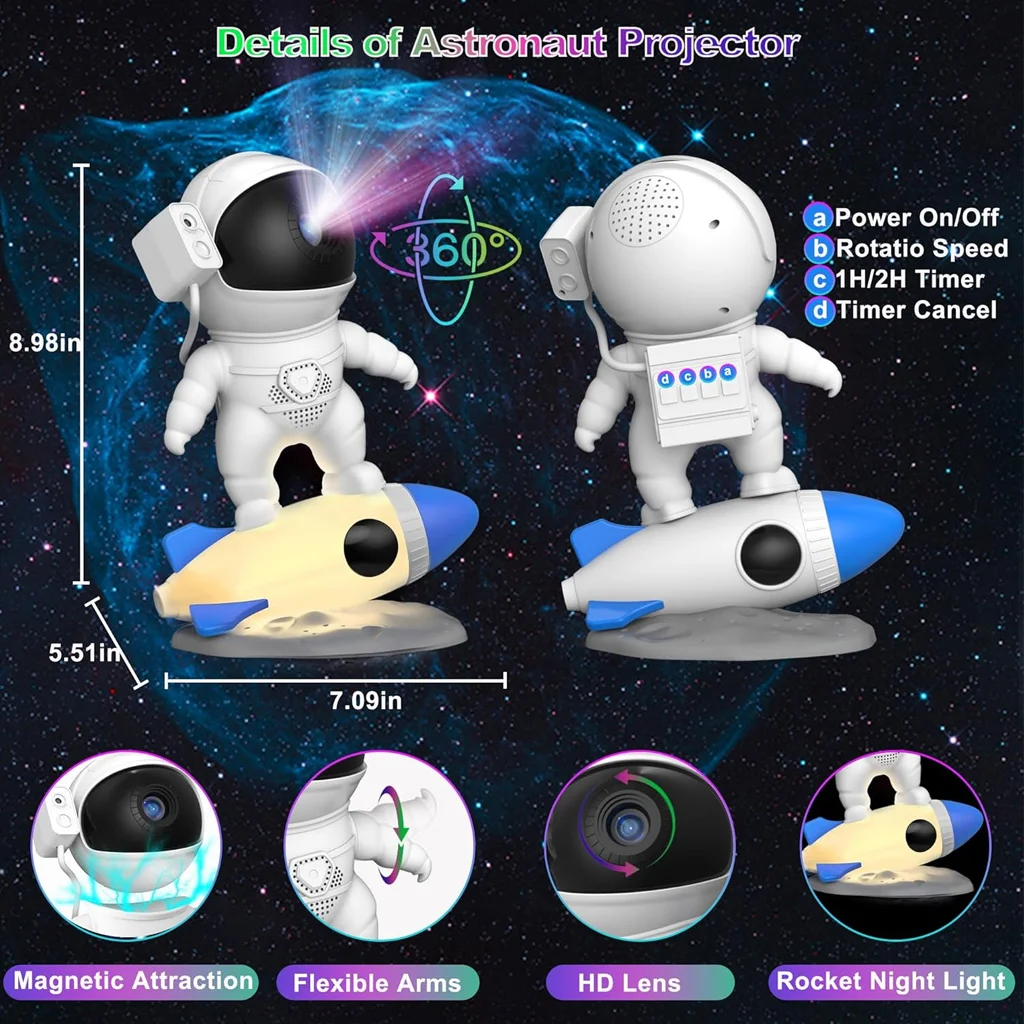 Rocket Astronaut Starry Projector USB LED 13 Film Discs 360 Rotation Timer Planetarium Galaxy Nebula Night Light Bedroom Home