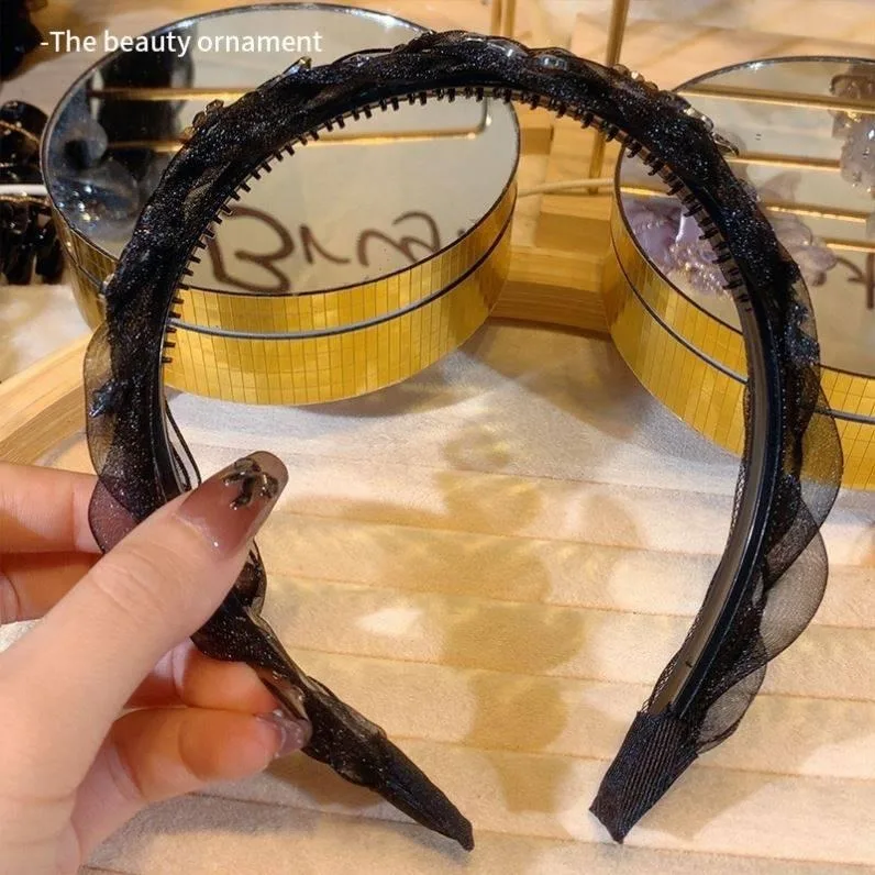 Advanced black gauze hair bands women\'s accessories for girls rhinestone fried dough twists headband with girl temperament clip