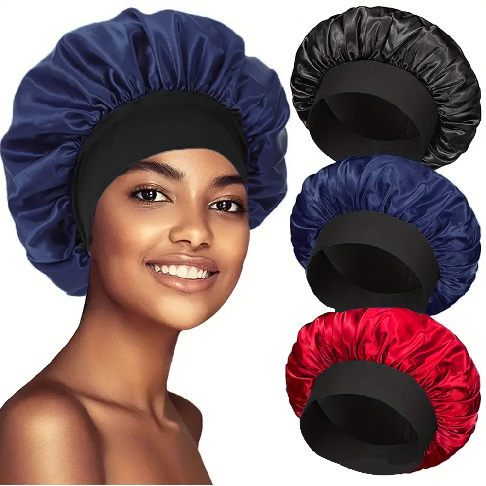 3pcs/set Solid Color Satin Hair Bonnet Ladies Wide Stretch Headband Silk Sleeping Cap Curly Hair Protection Night Head Cover