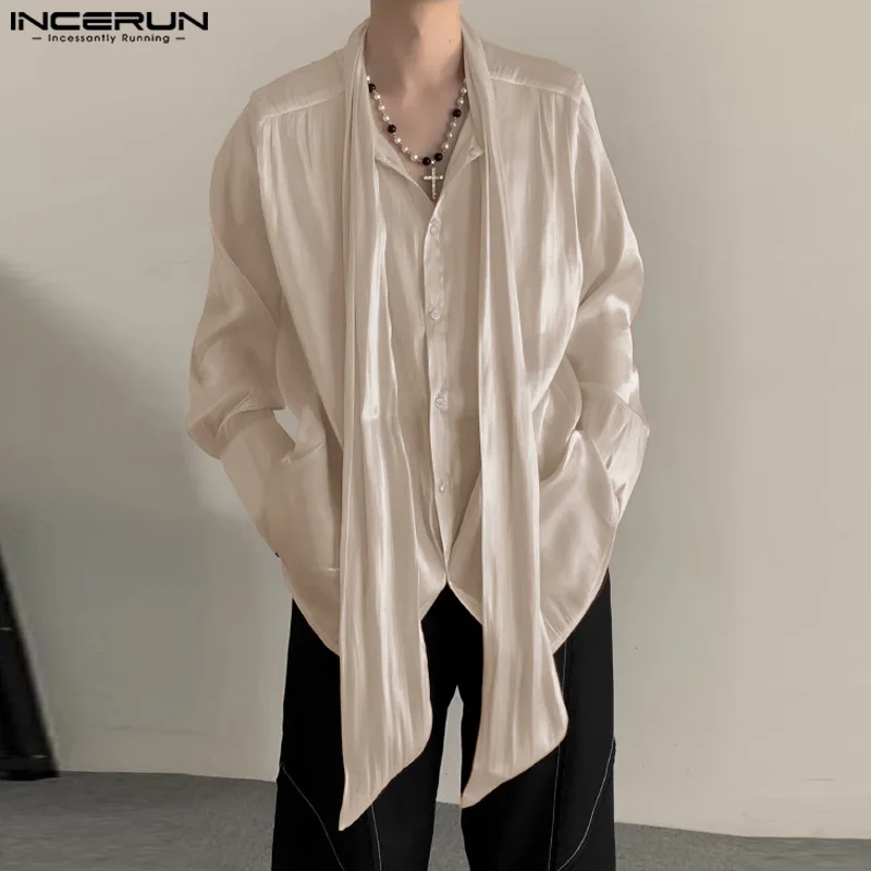 2024 camicia da uomo tinta unita lucido con lacci manica lunga bottone coreano abbigliamento da uomo Streetwear camicie Casual moda allentata INCERUN