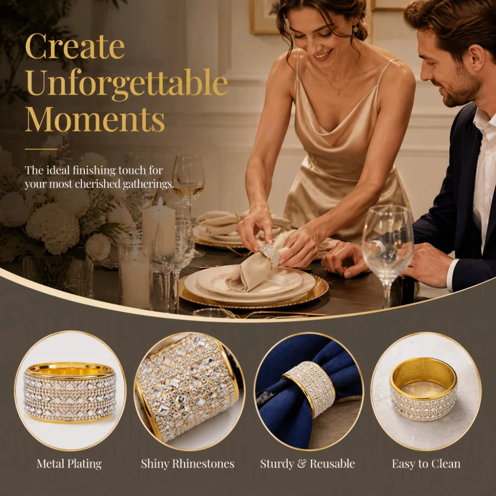 6pcs Metal Rhinestone Napkin Rings Rhinestone Crystal Buckle Closure Gold Napkin Rings Table Decoration 1.77in Serviette Rings