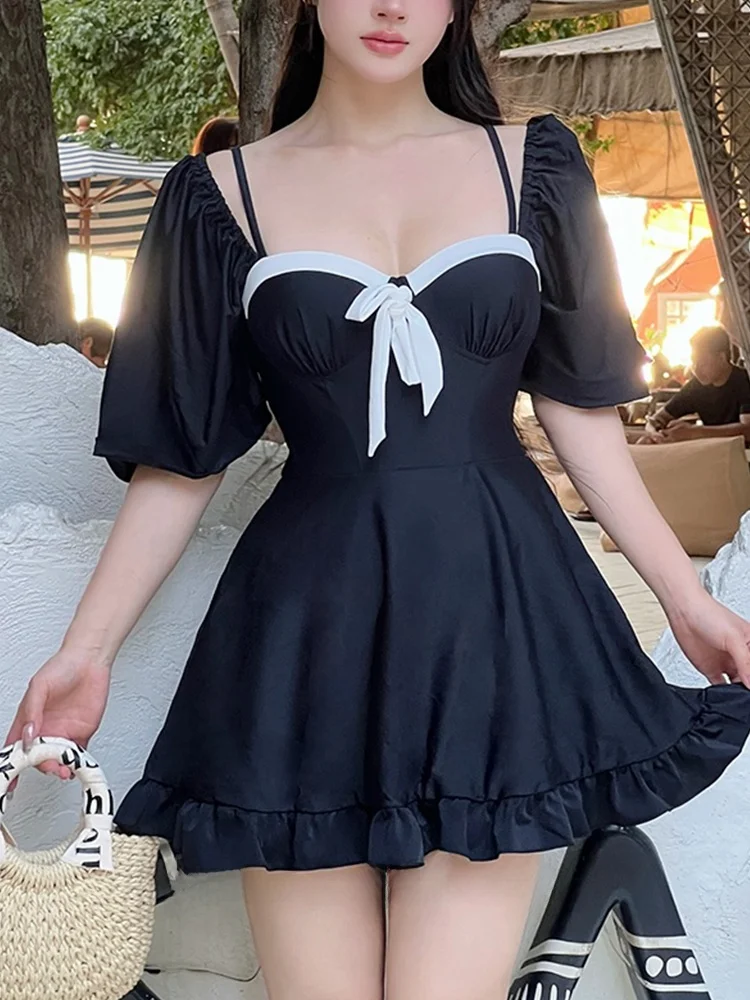 

u Qing plus Size Women's Sexy Bla Steel Cup Gathered Beach Vaion Swimsuit Large Size Swimwear Retro Sle