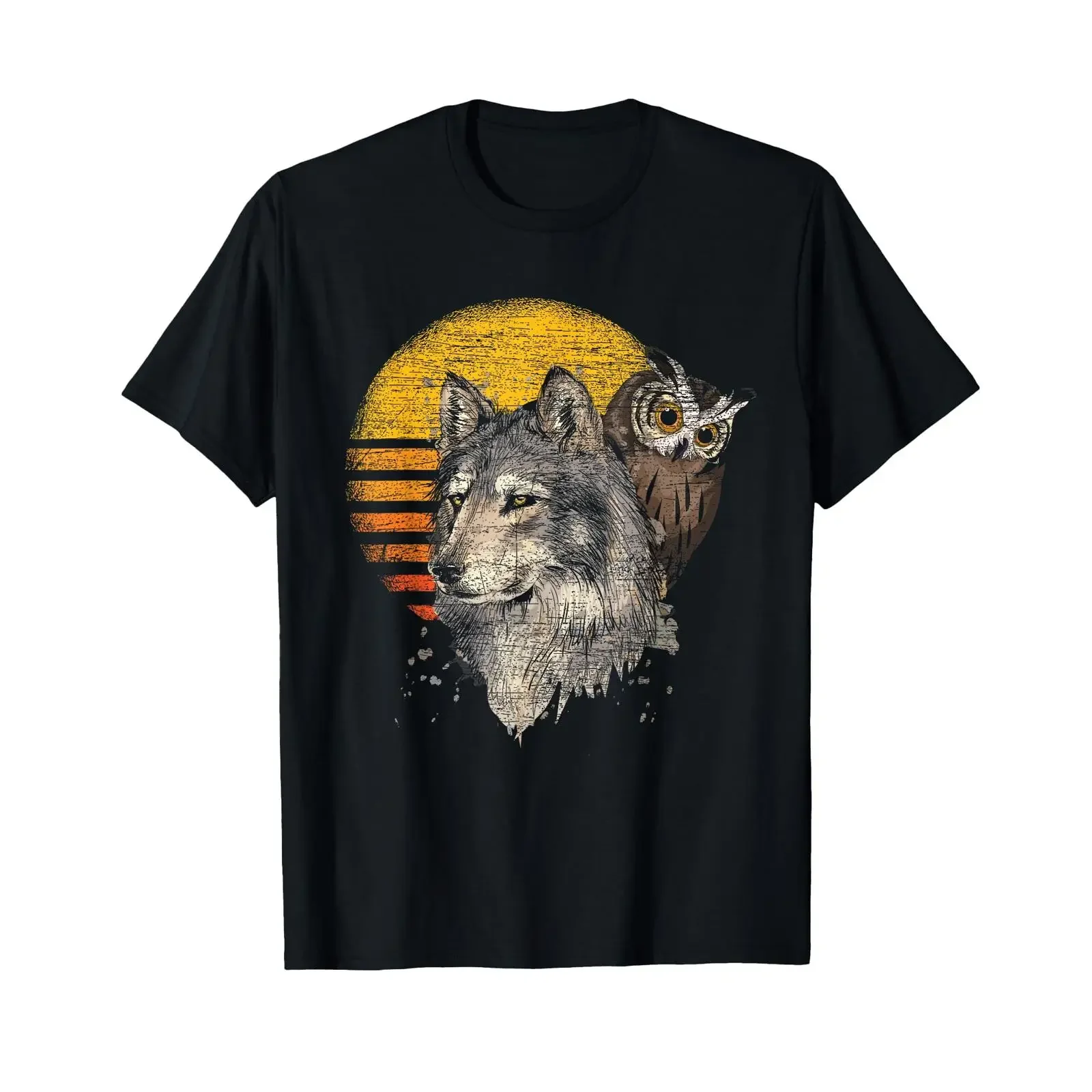 Forest Predator Ornithologist Retro Wolf Owl T Shirt vintage Washed Versatile homme Stretched Breathable graphic fashion
