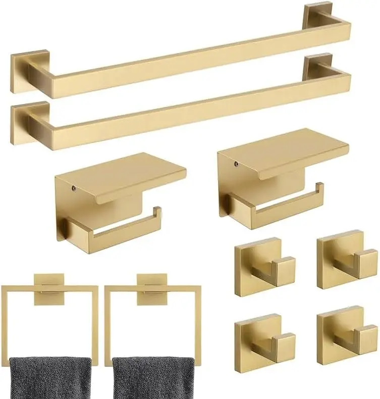 

10-Piece Brushed Gold Bathroom Hardware Set - Stainless Steel Towel Bar, Holder & Racks, 23.6 Inch