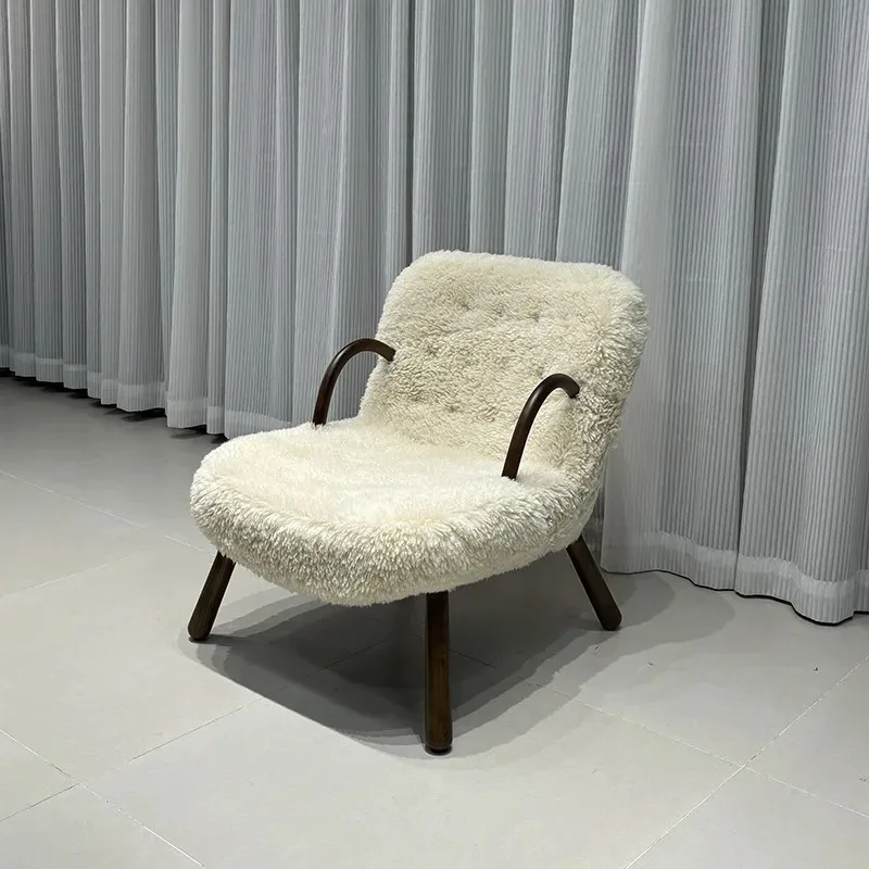 Japanese-Style Modern Single Sofa for Small Apartments Balcony Leisure Recliner Trendy Lamb Wool Chair Solid Wood Home Furniture
