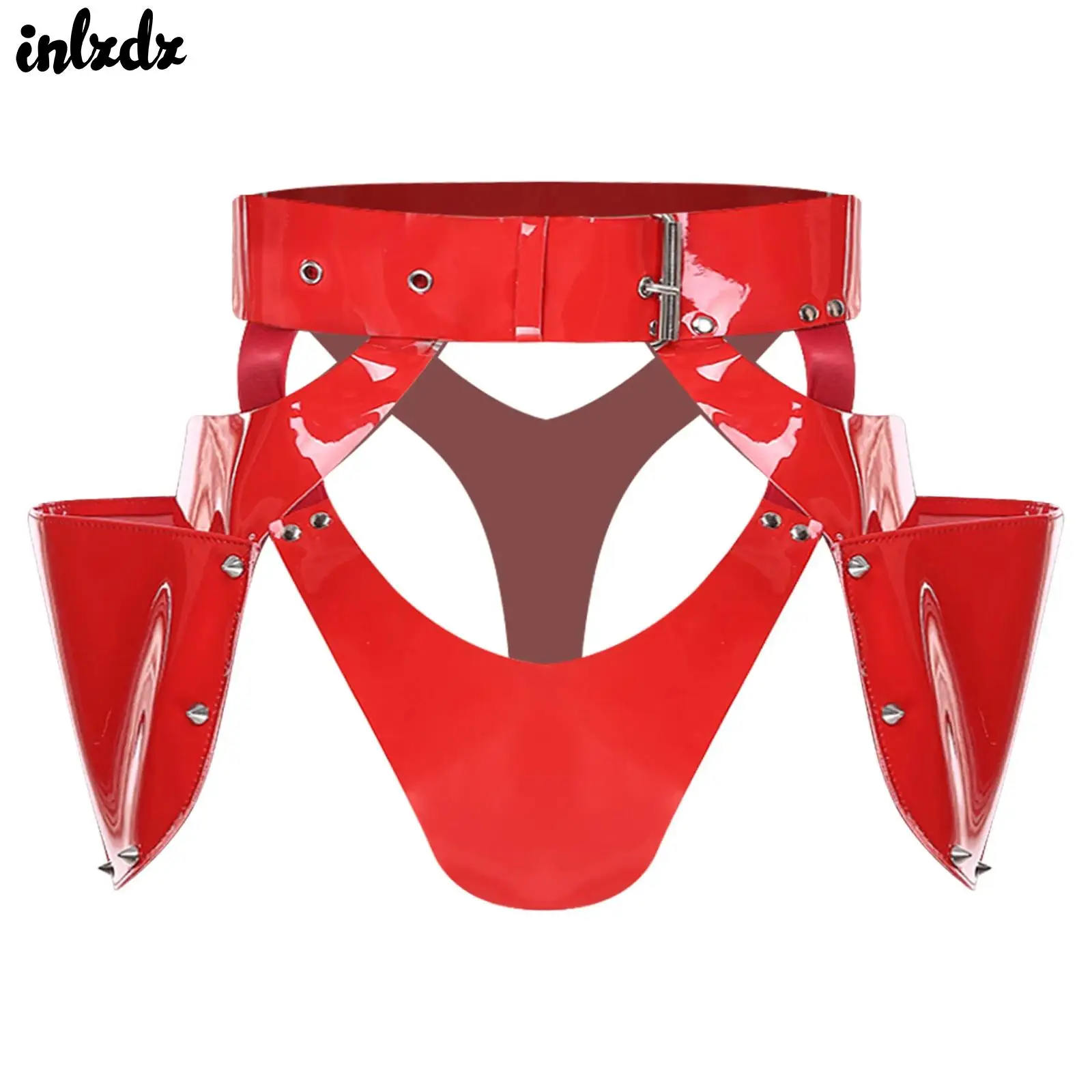 

Женское глянцевое латексное нижнее белье, готические сексуальные трусики из искусственной кожи для косплея, трусы с регулируемым вырезом на талии, боковые карманы с заклепками