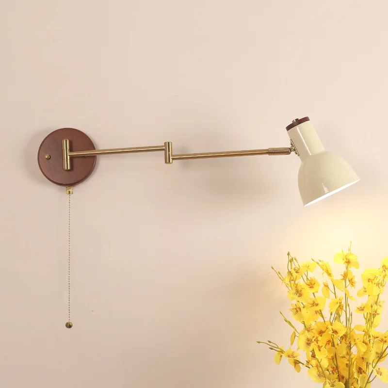 Modern Simple Rotatable Wall Lamp Long Swing Arm LED Wall Lights Foyer Bedroom Hotel Wood Pull Chain Switch Vanity Light