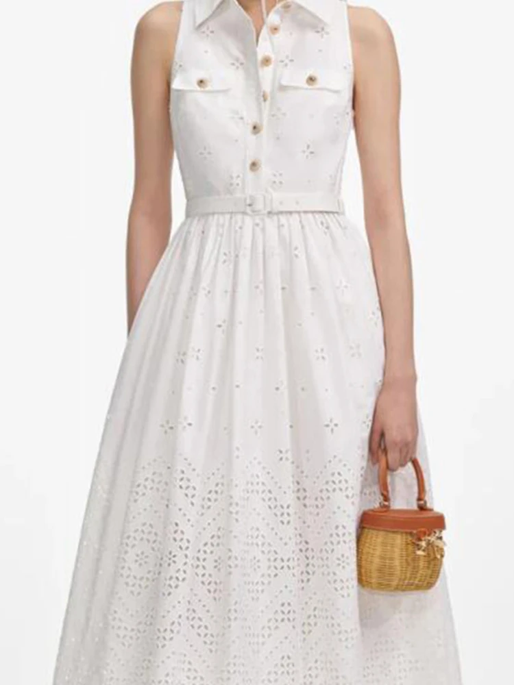 Wysoki stan, bez rękawów, pasek, wycięcia, spódnica o średniej długości w kształcie litery A, włókno poliestrowe, wiosna, lato, jesień, prosty, elegancki.