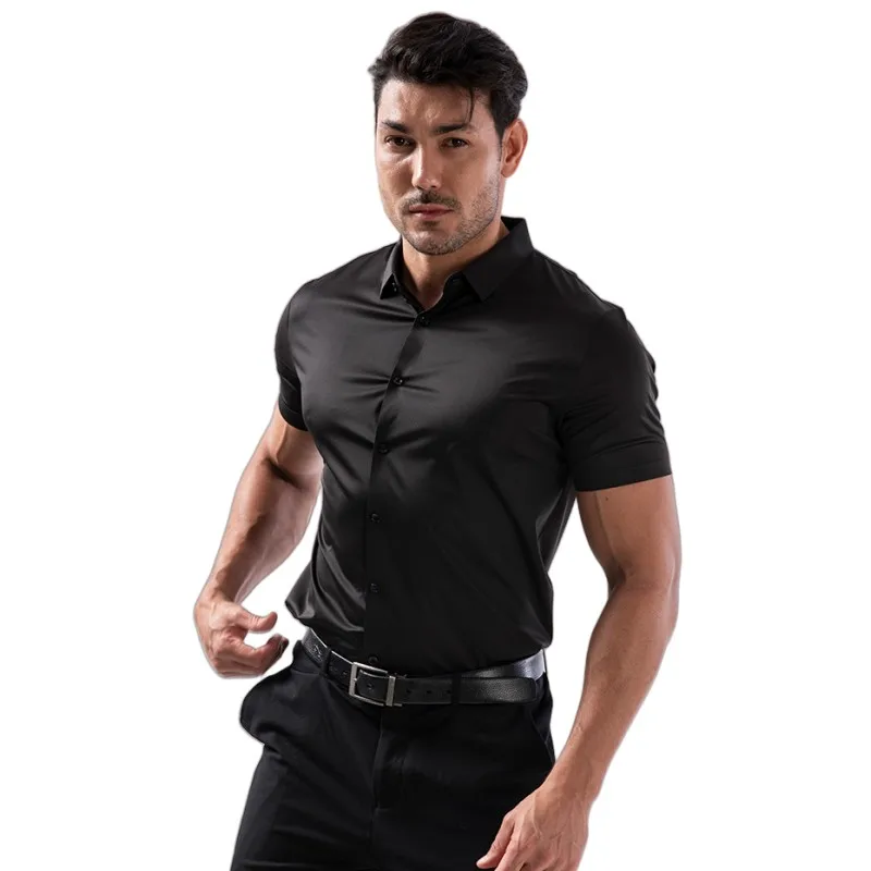 Business Casual Wrinkle Resistant Shirt Without Ironing Solid Color Short Sleeve Shirts Summer Men's Ultra Stretch Shirt