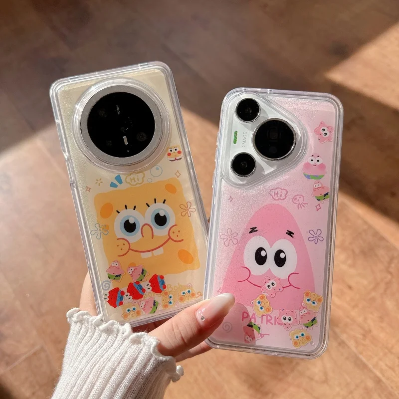 

Cute cartoon S-SpongeBob P-Patrick Star quicksand Bling Glitte phone case For Huawei P70 P60 Pro Mate 60 50 40 Pro 70pro Cover