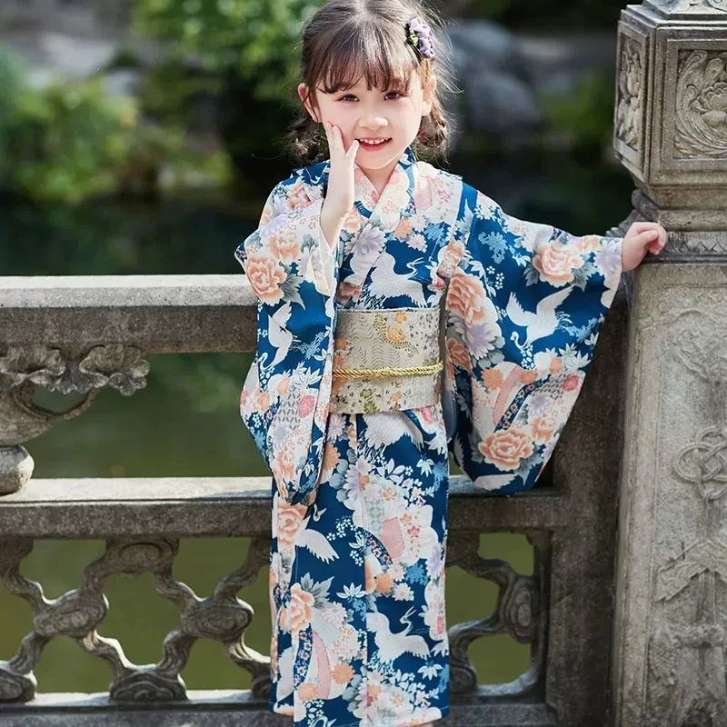 2026 New Japanese Gilrs Traditional Vintage Kimono With Obi National Flower Print Kimono Yukata Cosplay Stage Performance Dress