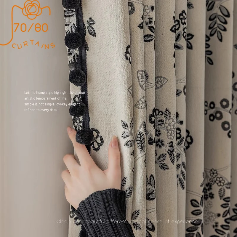 

Customized Black and White Plant Jacquard Chenille Thickened Blackout Curtains for Living Room Bedroom French Window Balcony