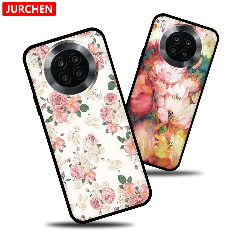 JURCHEN Silicone DIY Phone Case For Huawei Nova 8i TPU Thin Black Cover For Honor 50 Lite Fashion 3D Cute Cat Cartoon Painting