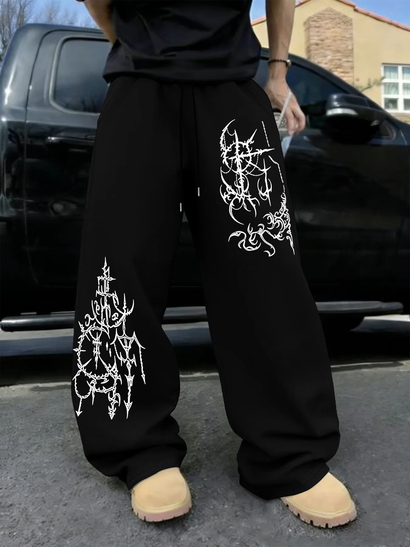 Men's Dark Totem Print Straight Sweatpants High Street Retro Casual Pants S-3XL