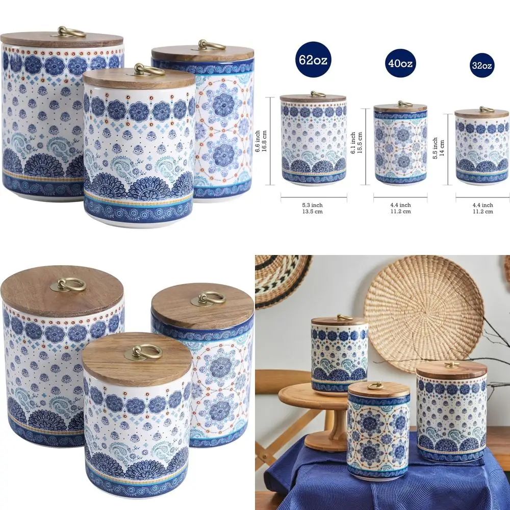 

Set of 3 Kitchen Storage Jars with Wooden Lids - 62oz, 40oz, 32oz for Coffee, Tea, Spices, Dishwasher Safe