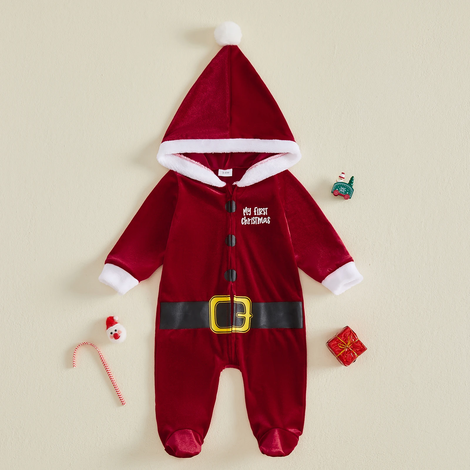 Infant Baby Christmas Footed Velvet Romper Long Sleeve Hooded Winter  Newborn Baby Jumpsuits Santa Costume
