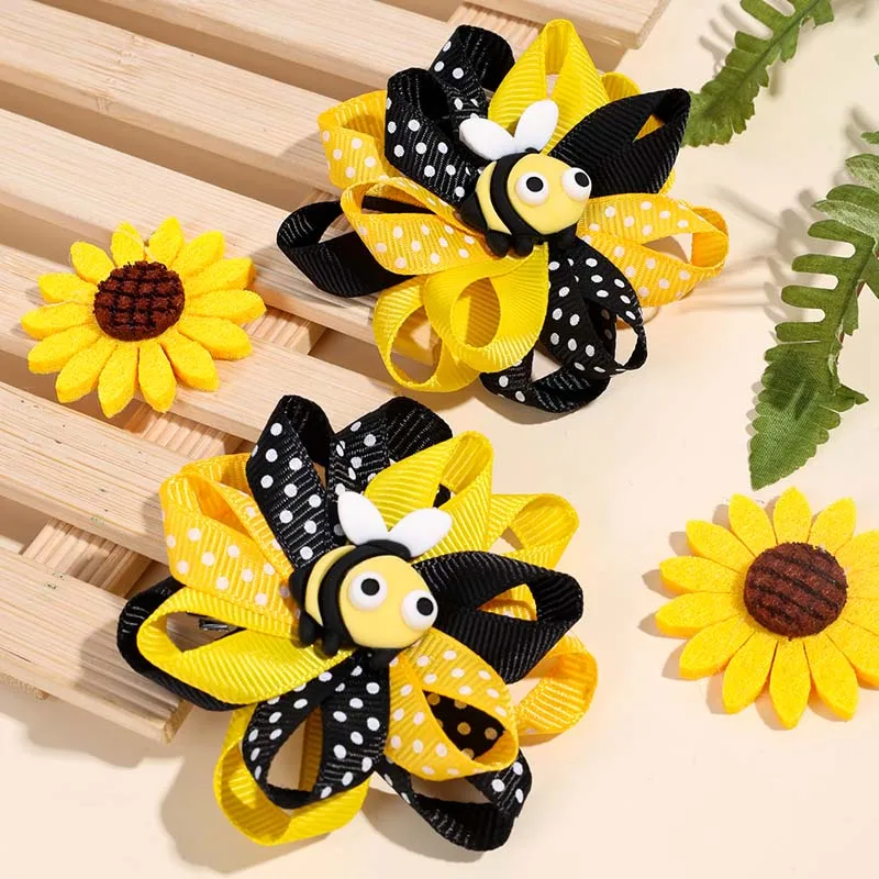 ncmama 2Pcs Bee Ladybug Flower Hair Clip Ribbon Flower Hairpin for Kids Girls Cute Dot Print Barrettes Headwear Hair Accessories