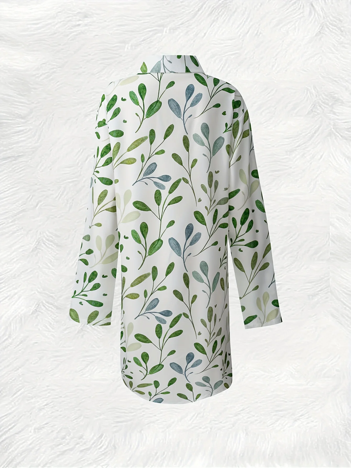 Casual Long Sleeve Shirt Dress with Green Leaf Plant Print Women Summer Fall Fashion Loose Fit Button Down Midi Dress