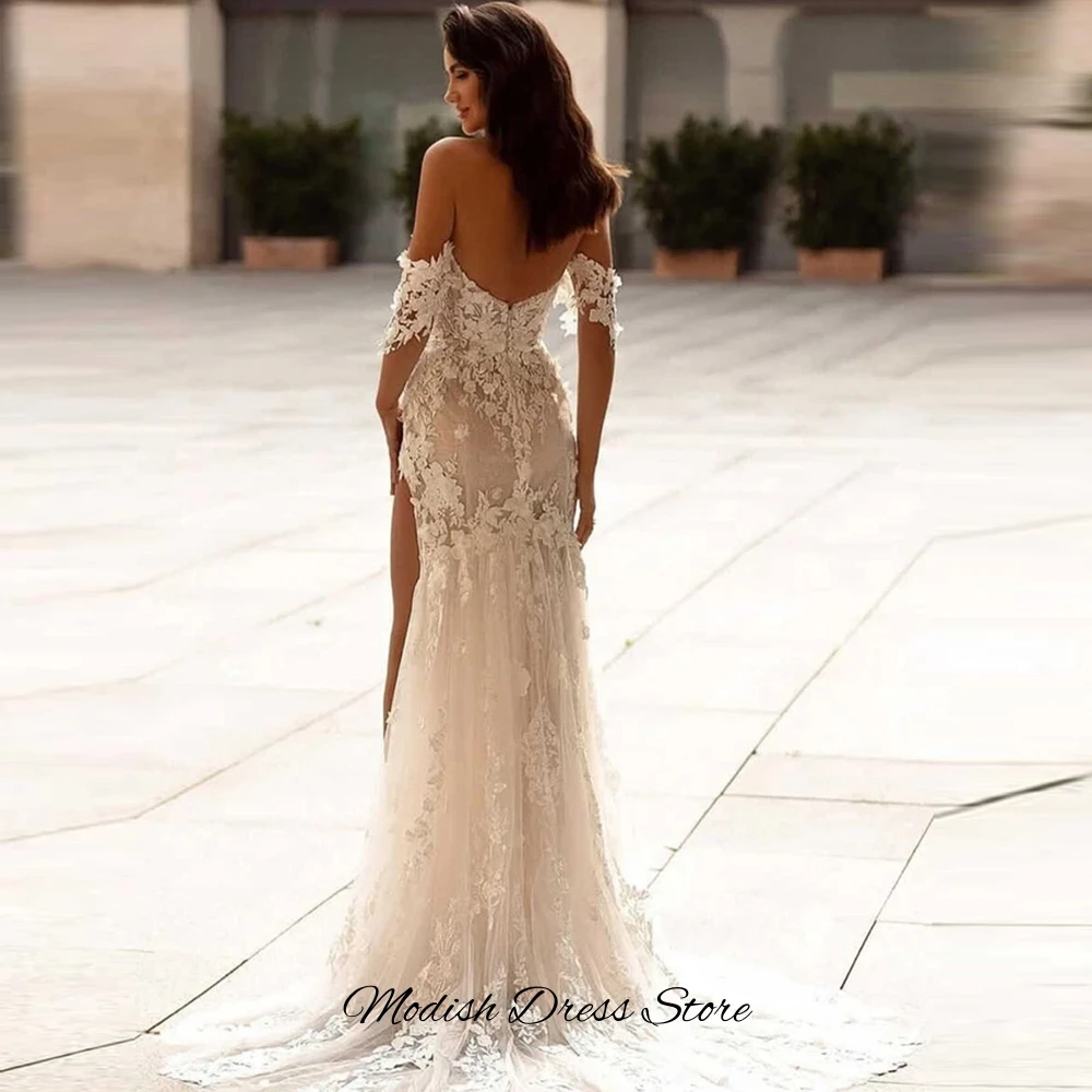 Charming Off the Shoulder Tulle Wedding Dress Sexy Side Slit Mermaid Customized Bridal Gowns Delicate Appliques Vestido De Novia