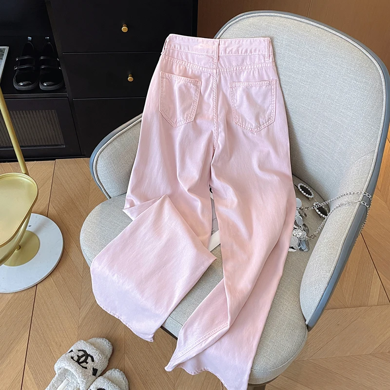 Sweet Pink Bow Print Loose Wide Leg Pants Y2k E-Girl High Waist Straight Trousers 2024 Spring Jeans Pantalones Mujer