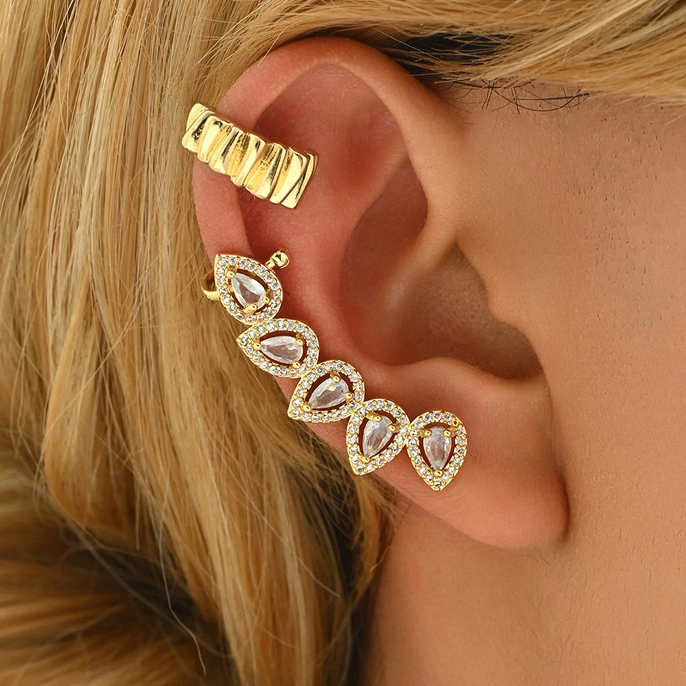Boucles d'oreilles à Clip en Zircon incrusté de gouttelettes d'eau pour femmes, 1 pièce, usage quotidien, faux Piercing, os en forme de C, bijoux cadeau