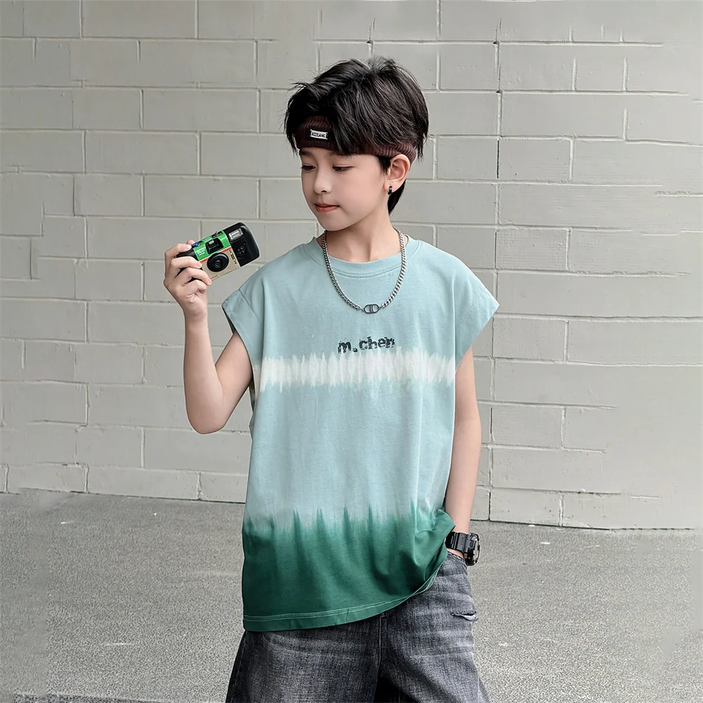 New Summer Children Casual Cotton Tee Tops Tie Dye Print Sleeveless T-shirt for Kids Boys Gradient Blue Tshirt Outfit Age 5-14 Y