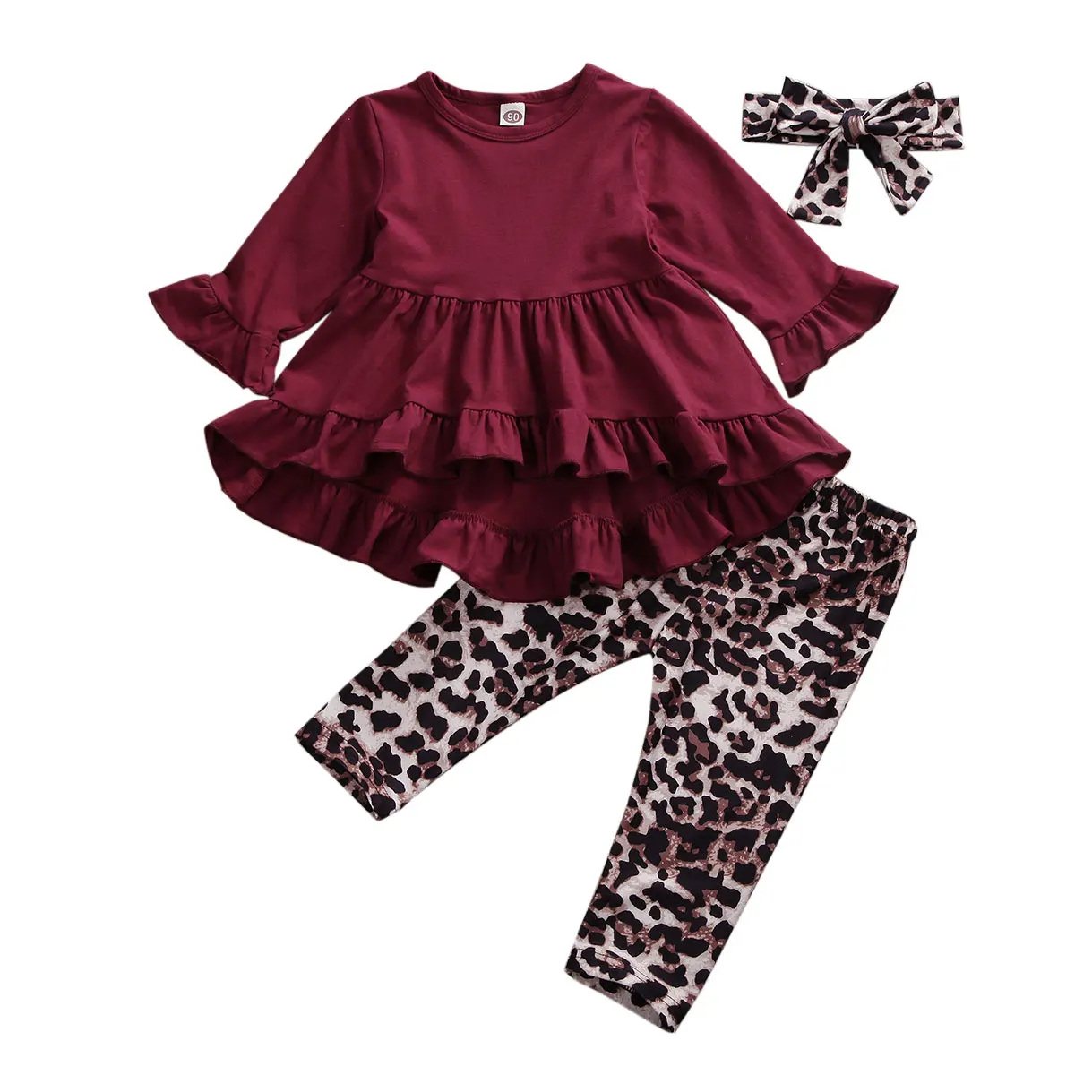 Ropa de 3 uds para niña, camiseta de manga larga con volantes, Top con estampado Floral, pantalones de cintura elástica, conjunto de diadema con lazo para bebés