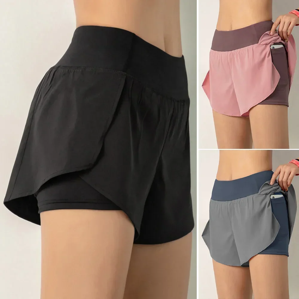 Women Running Shorts 2-in-1 with Pocket Wide Waistband Coverage Layer Liner Lounging Sports Yoga Leggings Gym Fitness Shorts