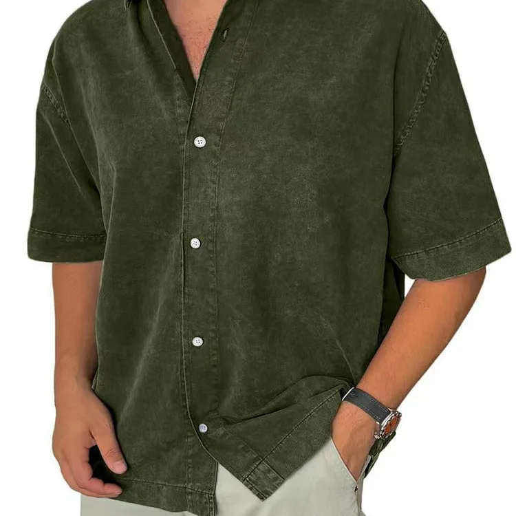 

Mens Spring Summer Shirt Short Sleeve Loose Solid Retro Casual Holiday Blouse Breathable Lightweight Beach Button Shirt